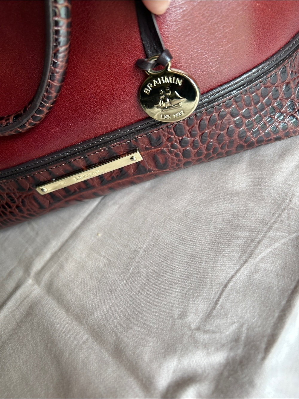 Brahmin Burgundy Leather Satchel with Croc-Embossed Trim - Picture 12 of 16